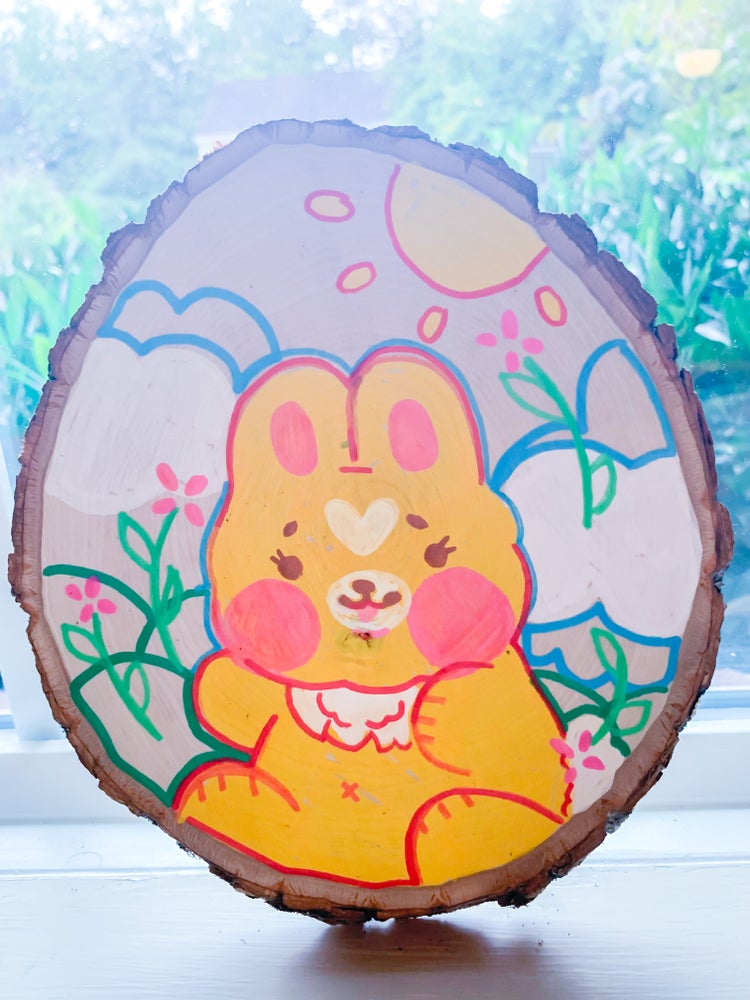 Whimsical Basswood Strawbunny One-of-a-Kind Posca Painting